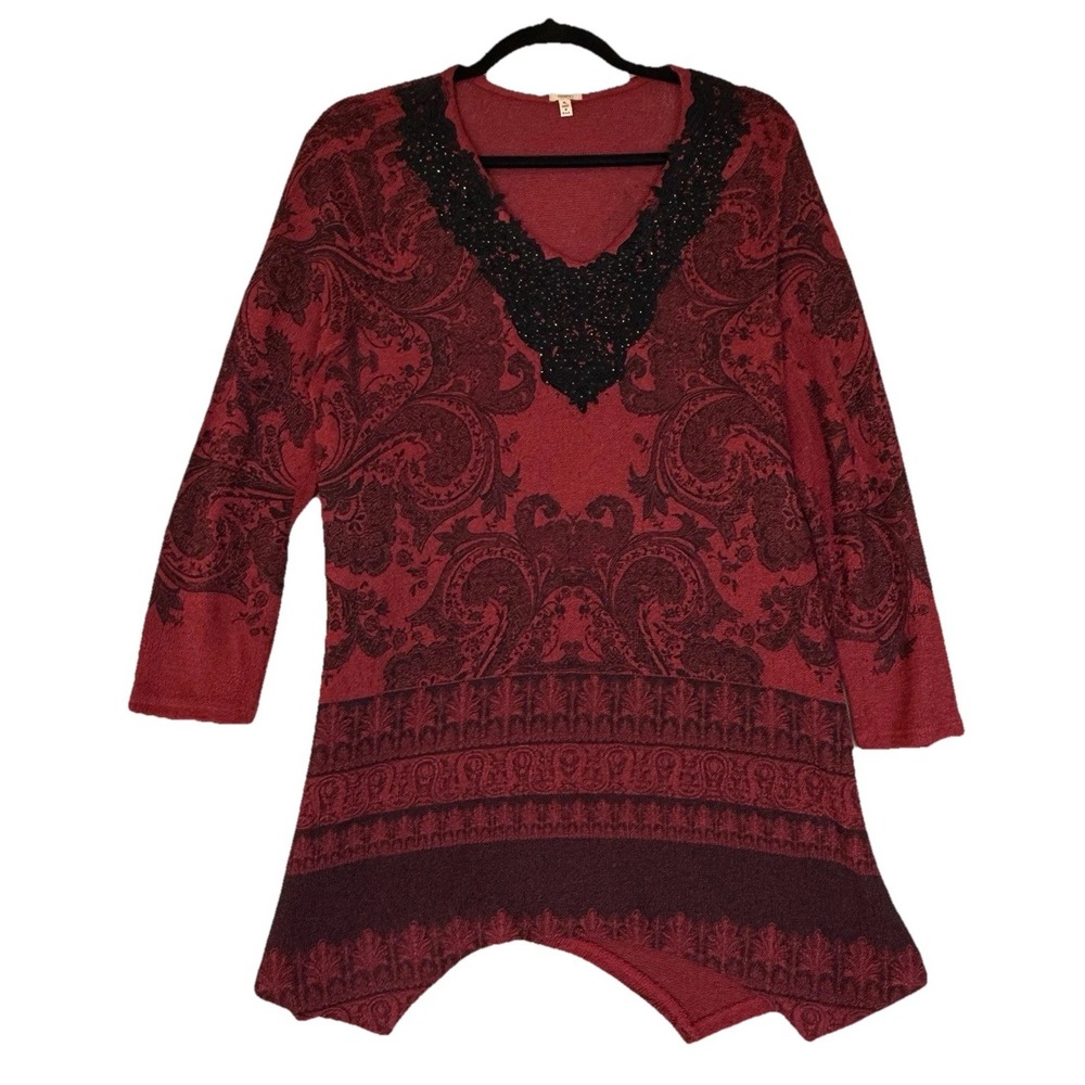 Reba Shirt Womens XL Red Black Sequin Whimsigoth Damask Holiday Party Dark Fairy